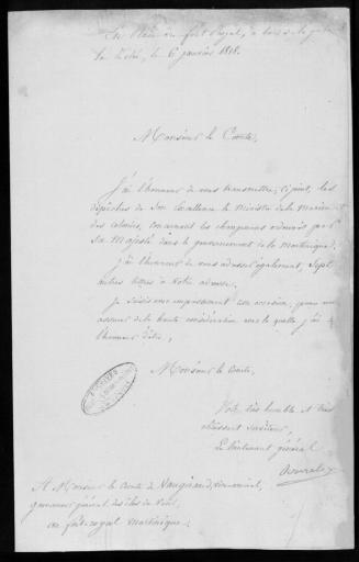 Lettres de Donzelot, gouverneur de la Martinique, à Vaugiraud, janvier-mars 1818. - 2 lettres.